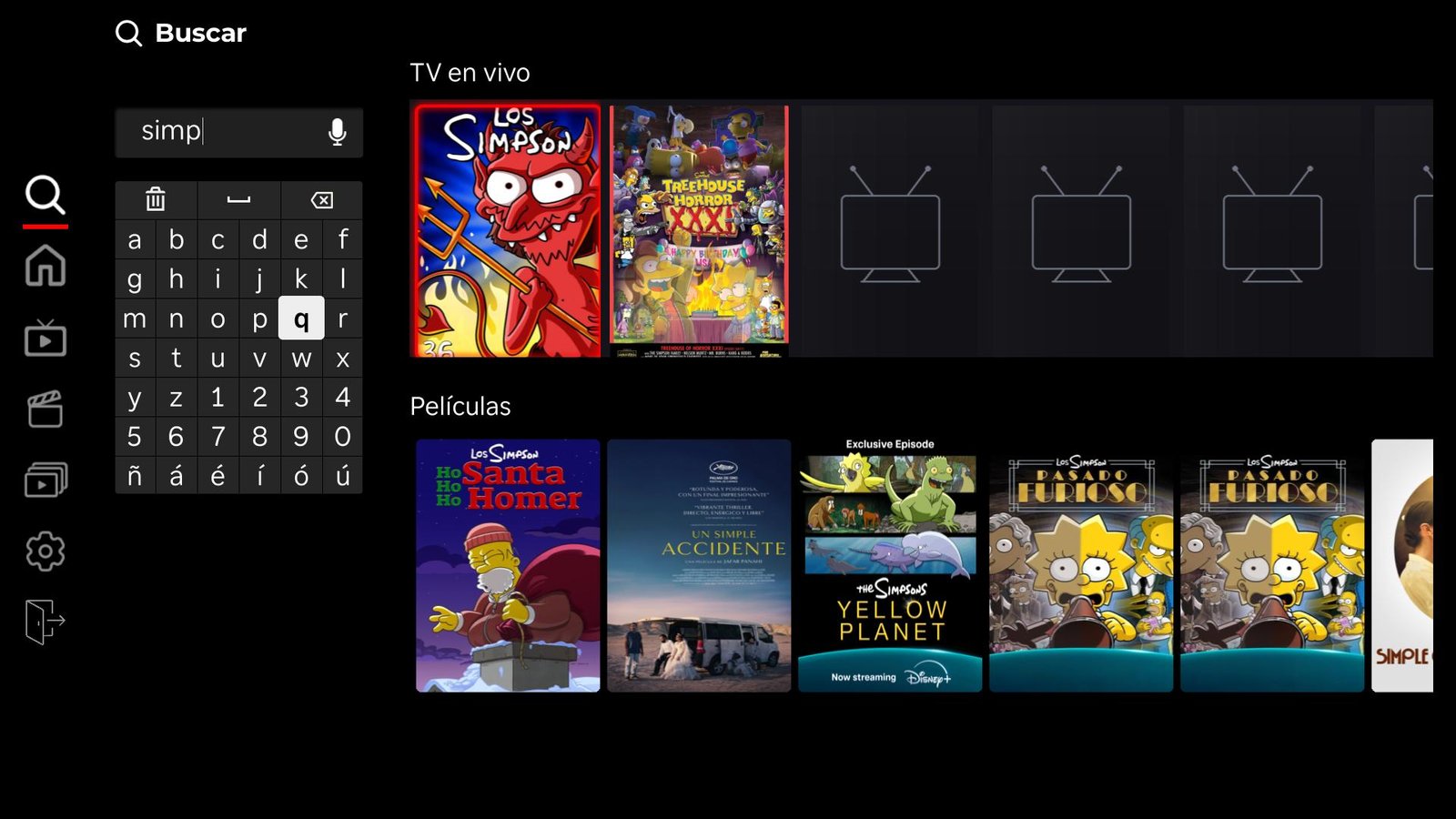 Buscador global mostrando resultados en TV en vivo y películas a la vez
