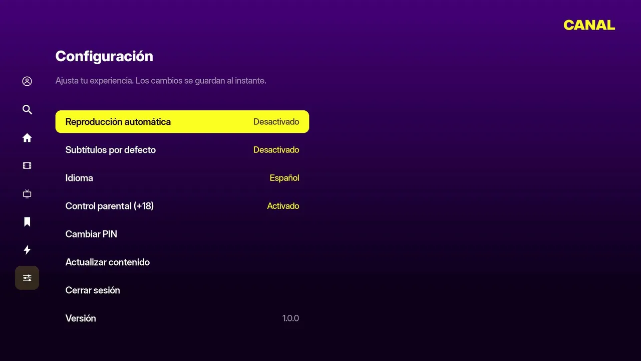 Configuración del canal: reproducción automática, subtítulos, idioma y control parental