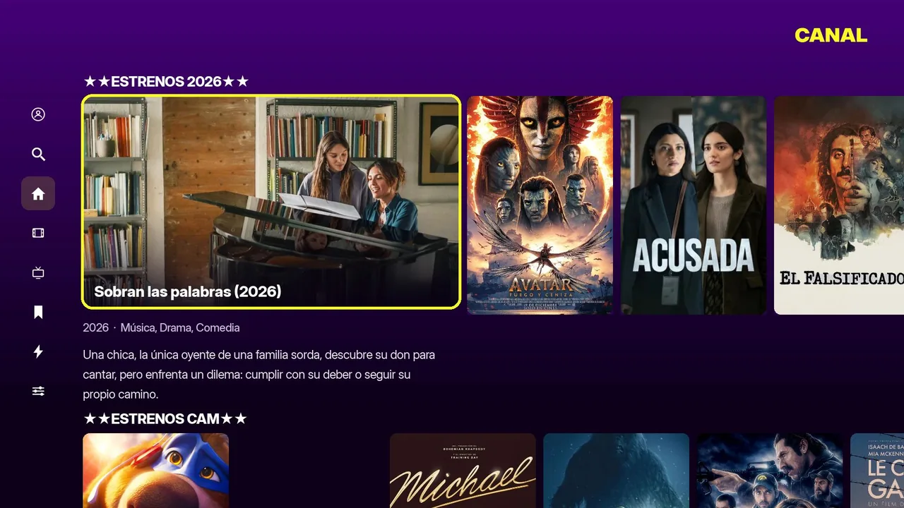 Pantalla de inicio del canal Roku TUBI IPTV PLAYER con hero y filas de categorías
