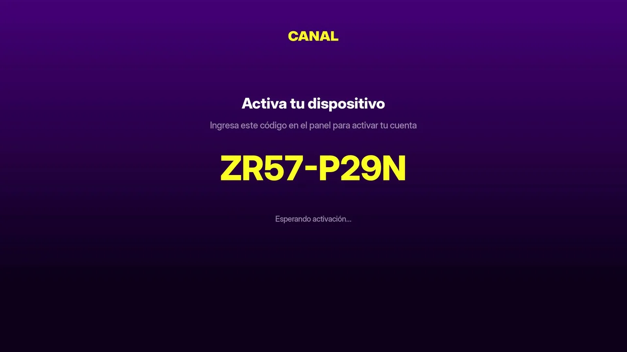 Pantalla del canal Roku que muestra el código de activación del equipo (el proveedor lo activa desde el panel)