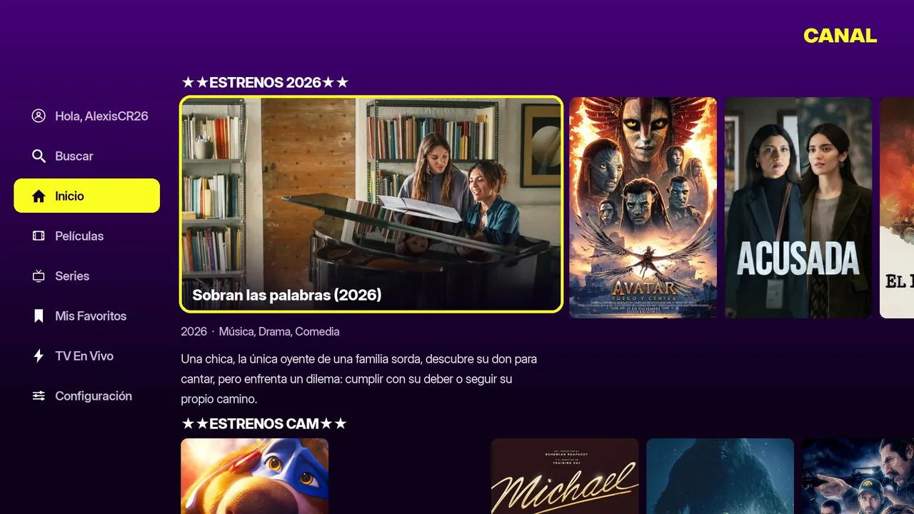 Menú lateral del canal Roku: Inicio, Películas, Series, TV En Vivo y Favoritos