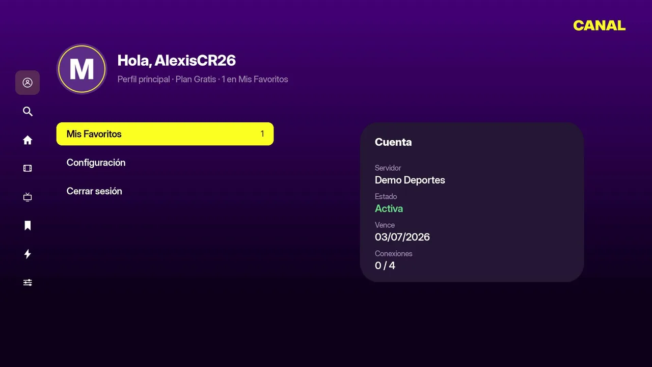 Perfil con la cuenta IPTV: servidor, estado, vencimiento y conexiones